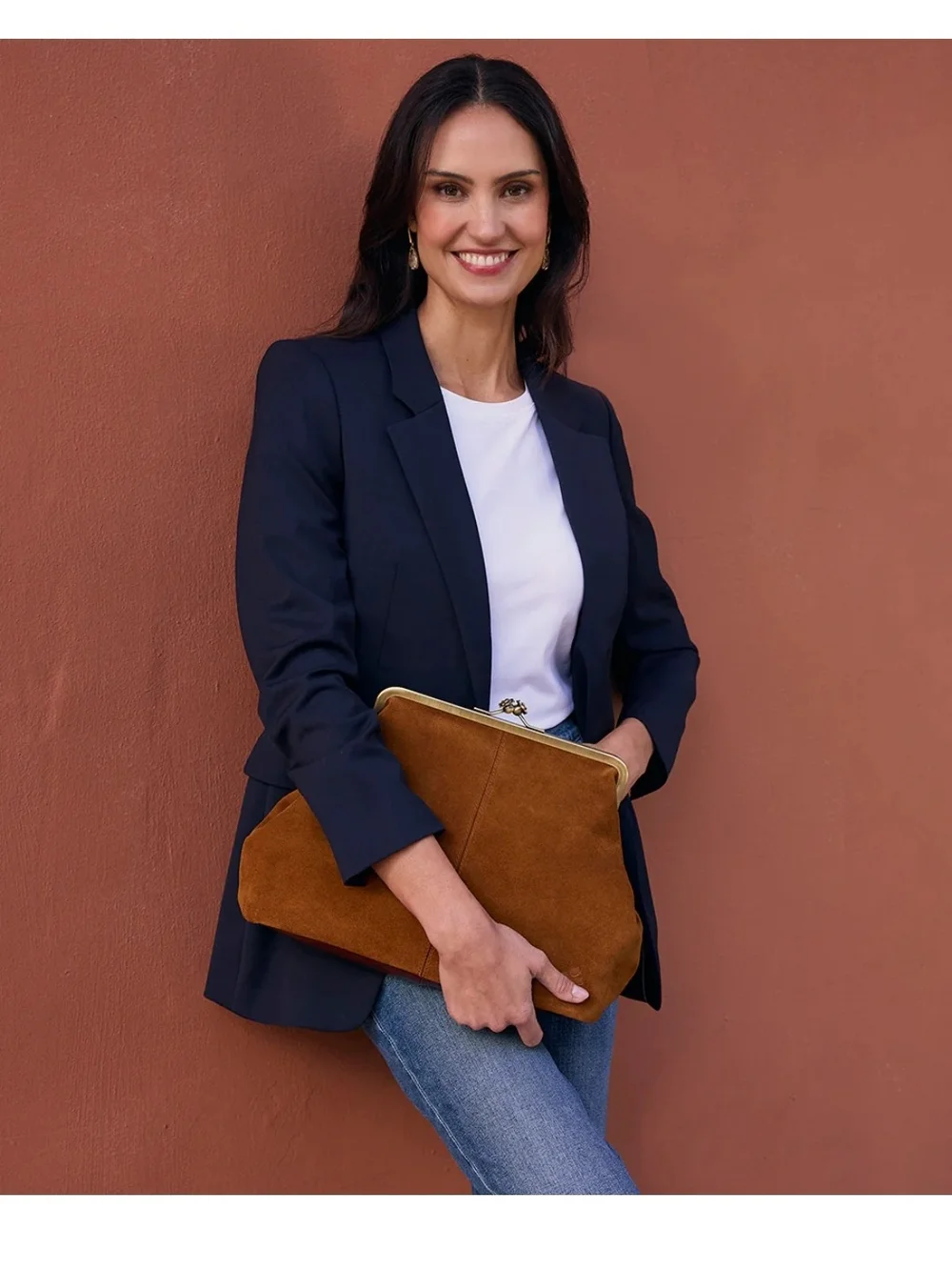 Cognac Suede Frame-Top Shoulder Bag in Cognac With Detachable Crossbody Strap